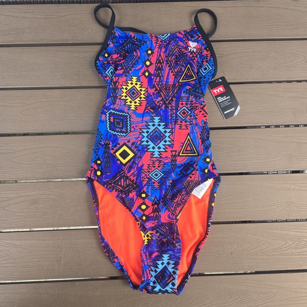 TYR Women's Durafast Elite Santa Ana Cutoutfit Multicolor/blue Swim Sz 30 New